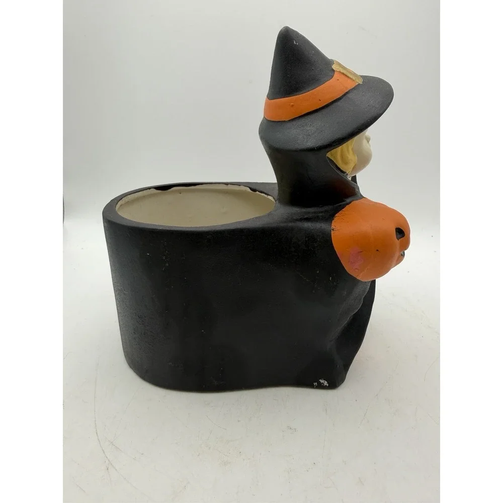 Vintage Halloween Witch Pumpkin Broom Ceramic Planter Container Decor